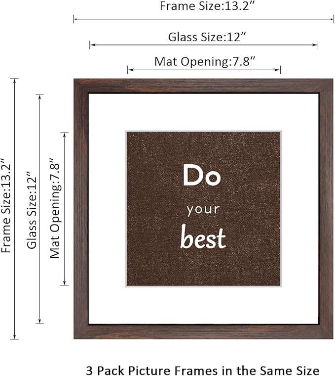 12x12 Walnut Picture Frame Set of 3 for Pictures 8x8 with Mat or 12x12 Without Mat,Wall or Tabletop Gallery Photo Frames with Real Glass