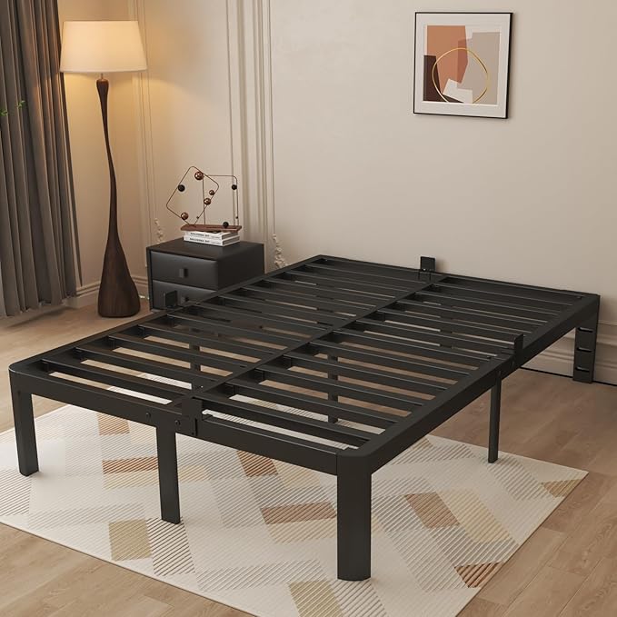 14 Inch Full Size Bed Frame, Metal Bed Frame Full with Gaskets, No Box Spring Needed, Heavy Duty Steel Platform Supprt, Rounded Corner Legs, Reserved Holes, Noise Free, Storage Space, Black