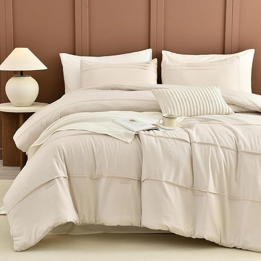 Sanracie Cotton King Comforter Set(106"x 95"),Wheat Colored Pinch Pleat Soft Comforter Bedding Sets 3Pcs Lightweight Breathable Bedding Set for All Season