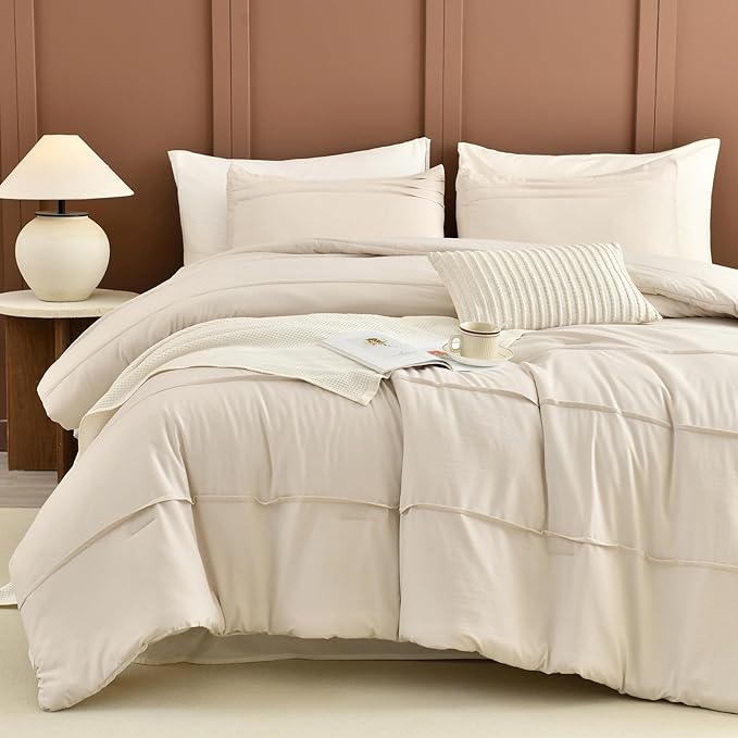 Sanracie Cotton Comforters Queen Size(90"x 95"),Pinch Pleated Wheat Colored Super Soft Lightweight Bedding Set 3Pcs Breathable Comforter Sets for All Season