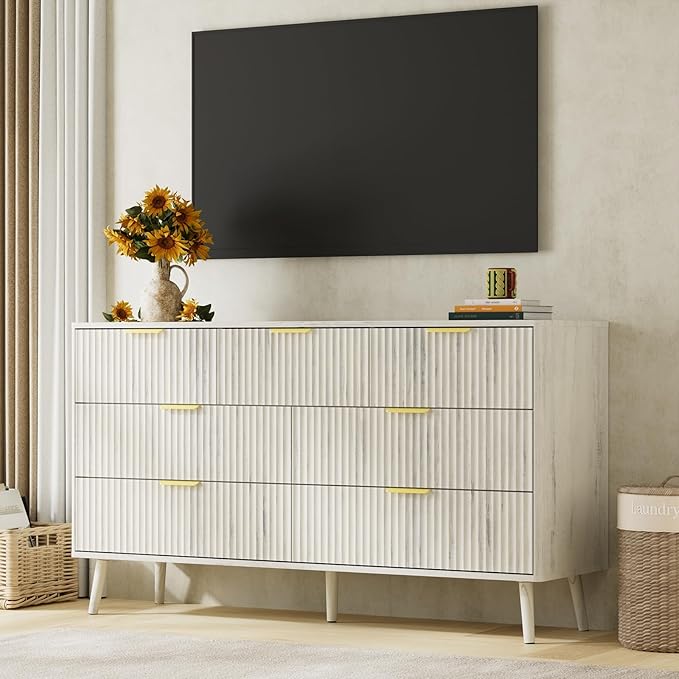 LYNSOM 55" Wide Fluted Dresser for Bedroom with 7 Drawer, Modern Chest of Drawers with Curved Profile Design and Metal Handles, Wood Dresser TV Stand & Storage Organizer for Living Room, White
