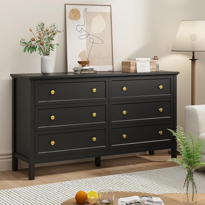 CARPETNAL Black Dresser for Bedroom, 6 Drawer Dresser with Wide Drawer and Metal Handles, 55" Black and Gold Dresser, Wood Dressers & Chests of Drawers for Hallway, Entryway.