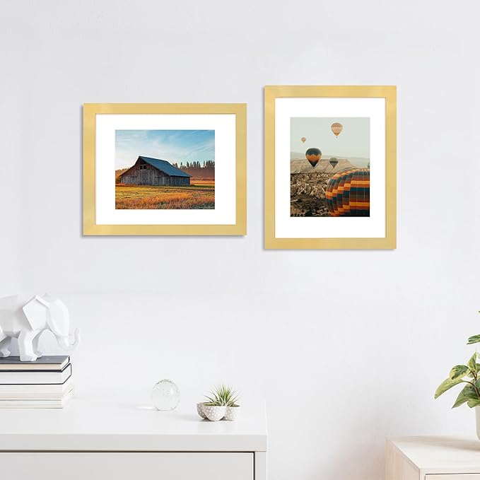 11x14 Picture Frame Set of 4, High Definition Real Glass, Display Pictures 8x10 with Mat or 11x14 Without Mat, Gallery Wall Hanging Photo Frames, Gold