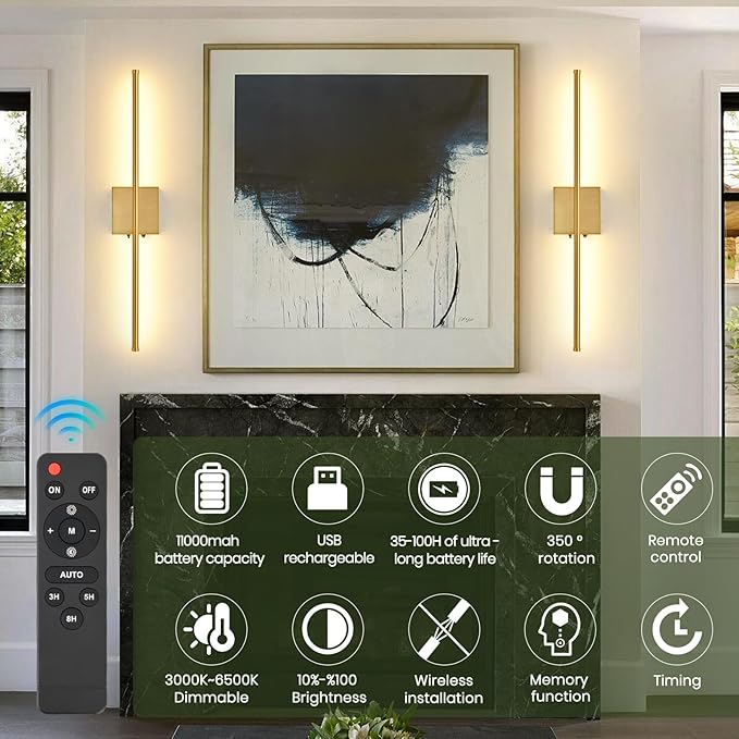 Rechargeable Battery Operated Wall Sconces, 11000mAh Wireless Brushed Gold Wall Lights with Remote Control, 350°Rotate Dimmable Wall Lamp, 3 Color Temperatures, for Bedroom Living Room Hallway, 1 PCS