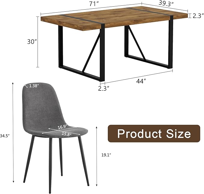 Dining Table Set for 6，Dinner Table Set for 6，71'' Dark Wood Kitchen Table and Suede Nap Fabic Chairs Set of 6，6 Chair Dining Table Set for Kitchen Dining Room