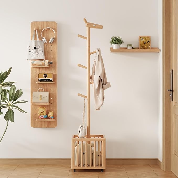 Coat tree freestanding heavy duty，Wooden coat rack freestanding for Entrance, Bedroom, Living room(Natural)