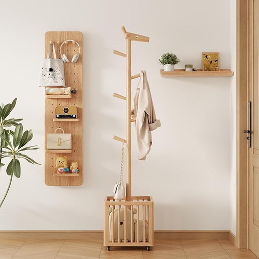 Coat tree freestanding heavy duty，Wooden coat rack freestanding for Entrance, Bedroom, Living room(Natural)