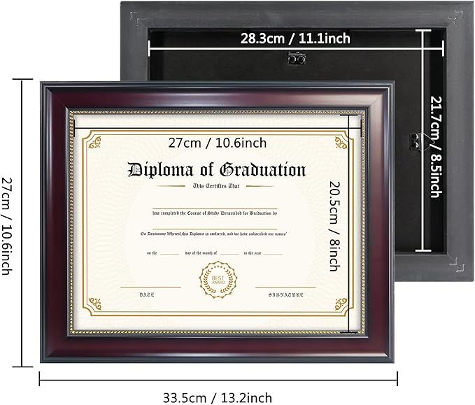 GraduatePro 8.5x11 Diploma Frame, Picture Frame for Wall and Tabletop Display with UV Protection Acrylic, Professional Wooden Look, Mahogany with Gold Beaded