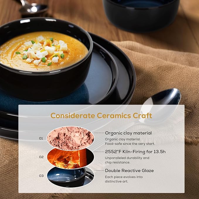 Romswi Dinnerware Set for 4, 16Pcs Stoneware Plates and Bowls Sets with Mugs, Chip & Scratch Resistant Dish Set, Handmade Reactive Glaze, Oven,Microwave and Dishwasher Safe, Dreamy Moonlight-Blue