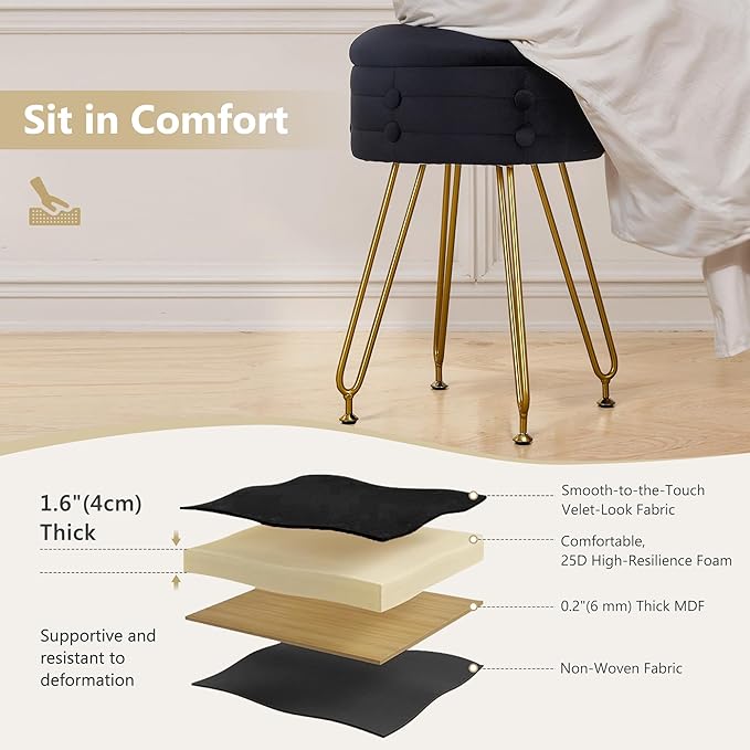VECELO Round Vevlet Vanity Stool with Storage, 4 Metal Legs Vanity Seat with Anti-Slip Feet, Modern Vanity Chairs Footrest Furry Padded Seat, Space Saving, Easy to Clean for Makeup, Bedroom, Black