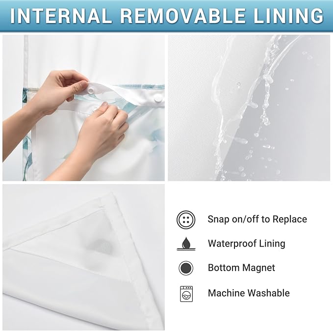 No Hook Shower Curtain with Snap in Liner - Eucalyptus Shower Curtain - Washable Waterproof Inner Liner, Plants Seaweed Green Leaves Modern Shower Curtains - Machine Washable, 71 x 74