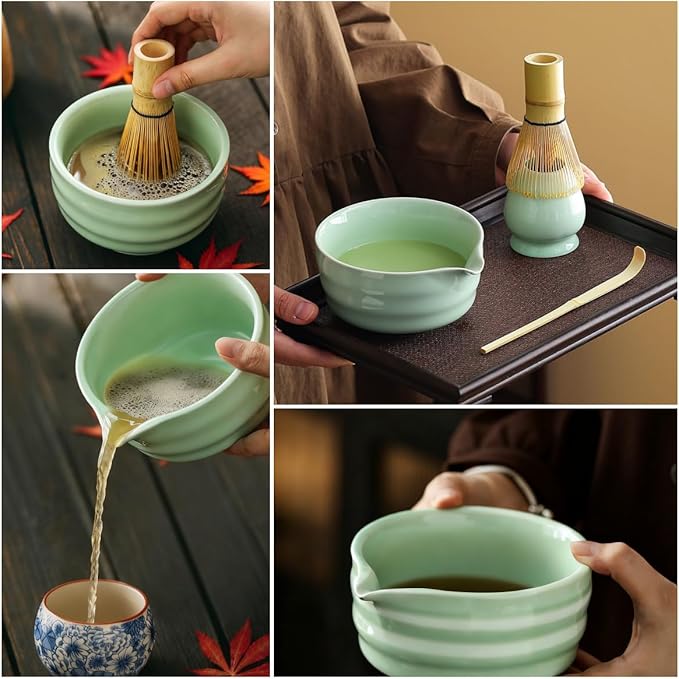 ZaH Matcha Whisk Set - Kit of 5pcs - Matcha Whisk and Bowl, Ceramics Whisk Holder, Bamboo Tea Scoop, Sifter (Light Green)