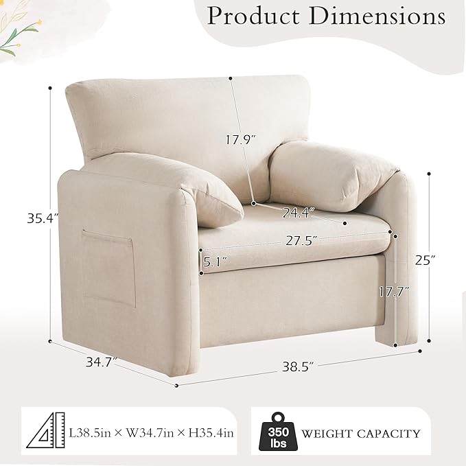 39" Modern Chenille Oversized Armchair, Wide Accent Chair, Single Sofa Chairs, Comfy Upholstered Reading Chair for Living Room, Bedroom, and Apartment (Beige)