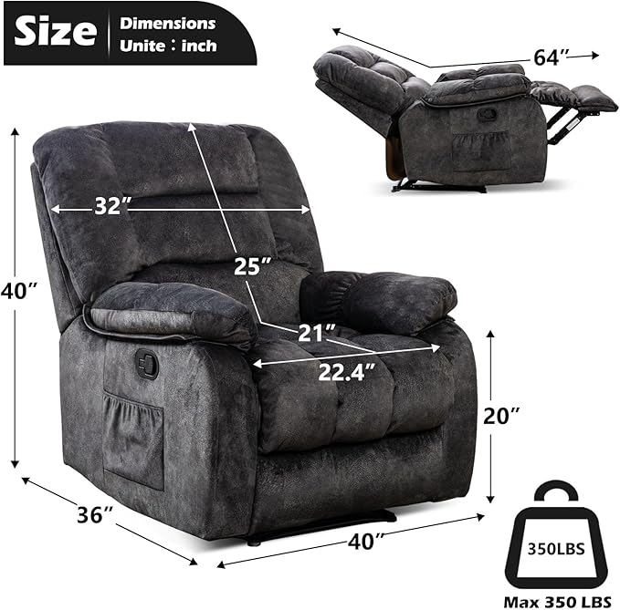 ANJHOME Overstuffed Massage Recliner Chairs with Heat and Vibration, Soft Fabric Single Manual Reclining Chair for Living Room Bedroom (Grey)