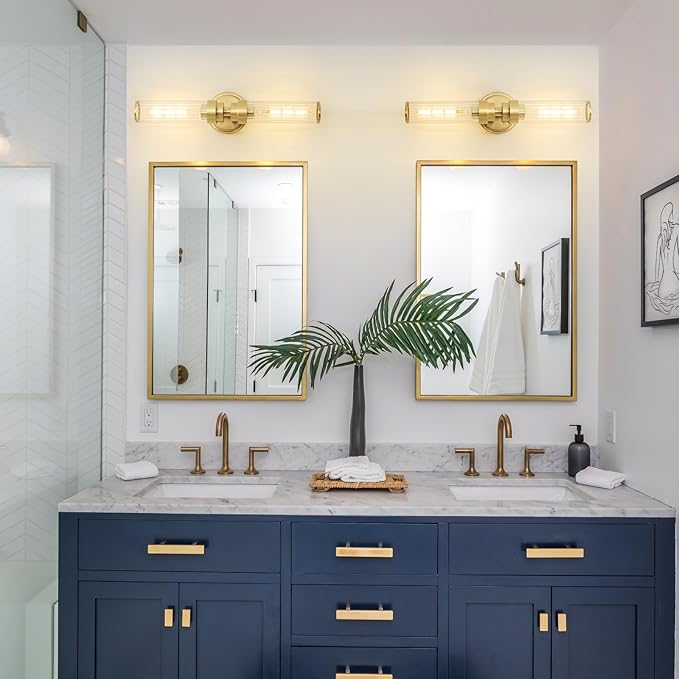 Bathroom Light Fixtures, Gold Wall Sconce in Threaded Glass Vanity Lights 2 Pack, Modern Bathroom Vanity Light Up and Down Sconces Wall Lighting for Bathroom, Living Room - Bulb Not Included