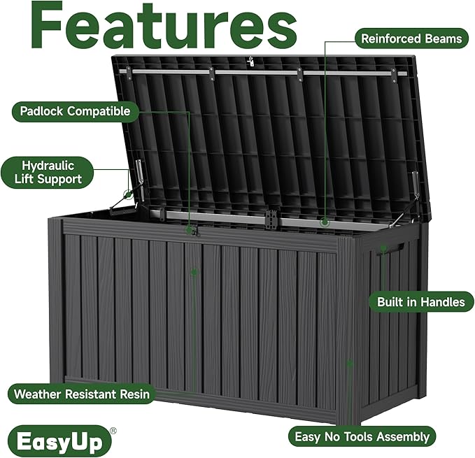 150 Gallon Outdoor Storage Box, Resin Waterproof UV-Resistant Deck Box with Hydraulic Lid Support, Reinforced Stability for Patio, Garden, and Poolside, Striped Black