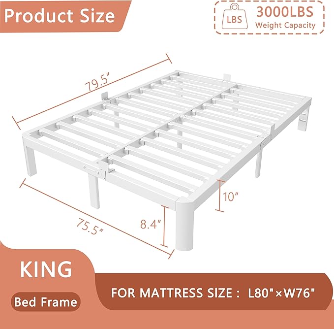 10 Inch King Size Bed Frame with Metal Baffles, White King Bed Frame No Box Spring Needed, Heavy Duty Steel Platform Support, Storage Space, Reserved Holes, Round Corner Legs, Noiseless