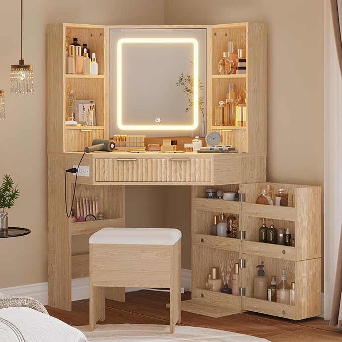 Fluted Corner Vanity Desk with Mirror Lights, Makeup Vanity with Charging Station, Drawers & Rotating Cabinets, Corner Vanity with Storage Bench, for Bedroom, Natural Wood