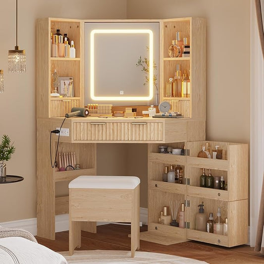 Fluted Corner Vanity Desk with Mirror Lights, Makeup Vanity with Charging Station, Drawers & Rotating Cabinets, Corner Vanity with Storage Bench, for Bedroom, Natural Wood