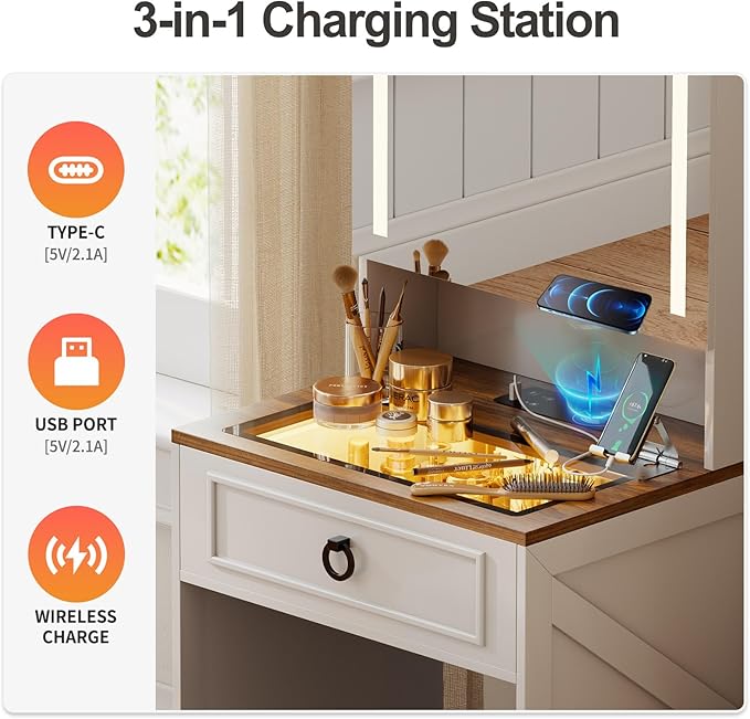 Makeup Vanity Desk with Mirror and Lights,Small Vanity Desk Set with Charging Station & Glass Top,Compact Dressing Table with Jewelry Cabinet & Storage Wheel Stool for Bedroom, White