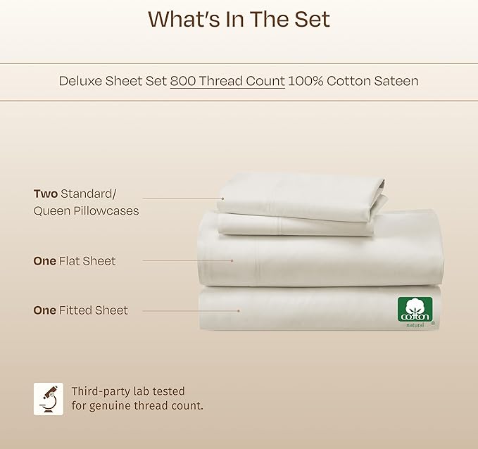 California Design Den Luxury Queen Sheets Set - Buttery Soft 800 Thread Count Sateen, 100% Cotton Bed Sheets Set with Deep Pockets, Beats Fake Egyptian Claims, Durable Bedding (Creamy Ivory)