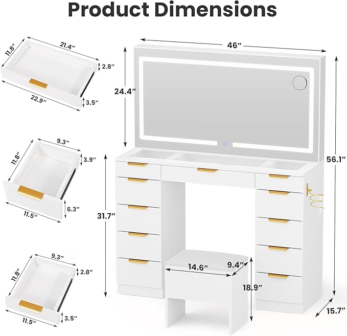 Pamapic Glass Top Vanity Desk with Mirror and Lights, 11 Drawers Makeup Vanity with Charging Station and Chair, Golden Handles Dressing Table, 3 Lighting Modes Makeup Table, White