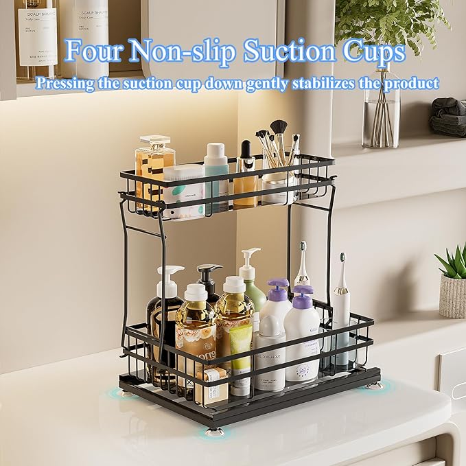 2 Pack Under Sink Organizers and Storage, 2 Tier Pull Out Cabinet Organizer, Metal Sliding Drawer Storage for Kitchen Bathroom，Black