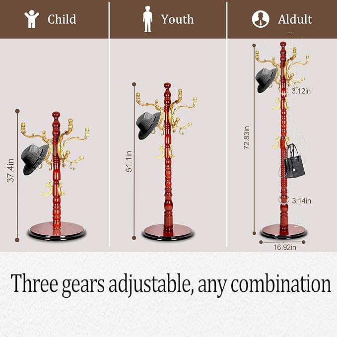 73”Vintage Wooden Coat Rack Freestanding With 14 Hooks and Sturdy Round Base。3-level Adjustable Vintage Wooden Coat Rack.Coat Rack Stand for Living Room Bedroom Office (Begonia)