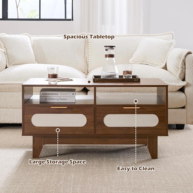 CANMOV 39 inch Mid Century Coffee Table with 4 Drawers and 2 Shelve, Rectangle Wooden Wood Coffee Table for Living Room,Walnut