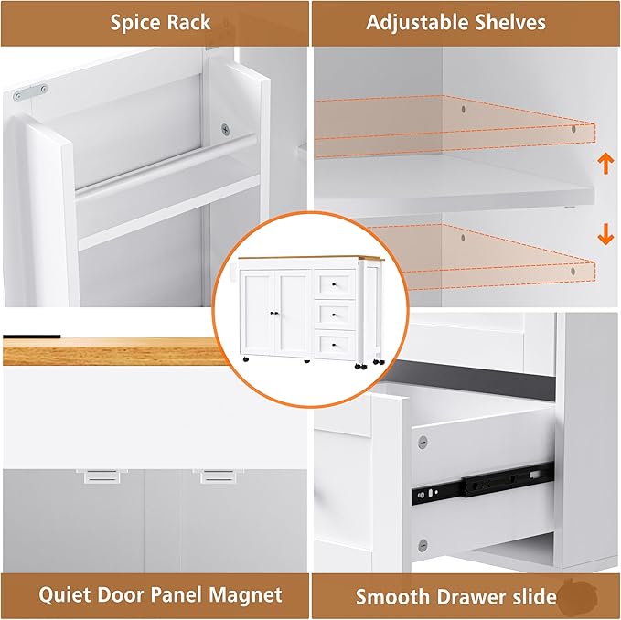 Rolling Kitchen Island on Wheels with Extendable Dining Table, Kitchen Storage Cart with 3 Drawers and Spice Rack, White