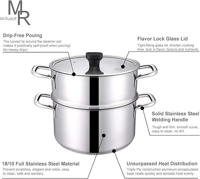 Tri-Ply Stainless Steel Sauce Pan with Steamer Basket & Strainer Glass Lid–Multi-Function Pot 3.5 QT- Modern Sleek Design–Safe,Chemical-Free& Stylish Cookware–Upgrade Your Kitchen with Healthy Cooking