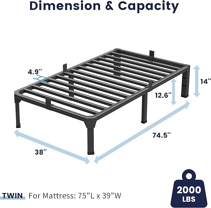 Twin Bed Frame with Mattress Slide Stopper, 14 Inch Metal Platform Bed Frame, Heavy Duty Tall Bed Frame No Box Spring Needed with Large Storage Space, Easy Assembly, Noise Free