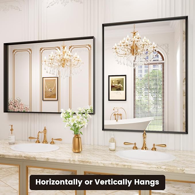 40x30 Inch Black Bthroom Mirror, Metal Frame Vanity Mirror for Wall,Square-Corner, Rectangle, Tempered Glass,Anti-Rust (Horizontal/Vertical), Bedroom, Living Room, Entryway