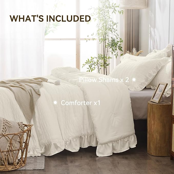 JOLLYVOGUE Ivory Queen Comforter Set, 3 Pieces Seersucker Comforters Queen Size, Lightweight & Fluffy Bedding Sets Queen for All Season with 1 Ruffle Comforter and 2 Ruffle Pillowshams
