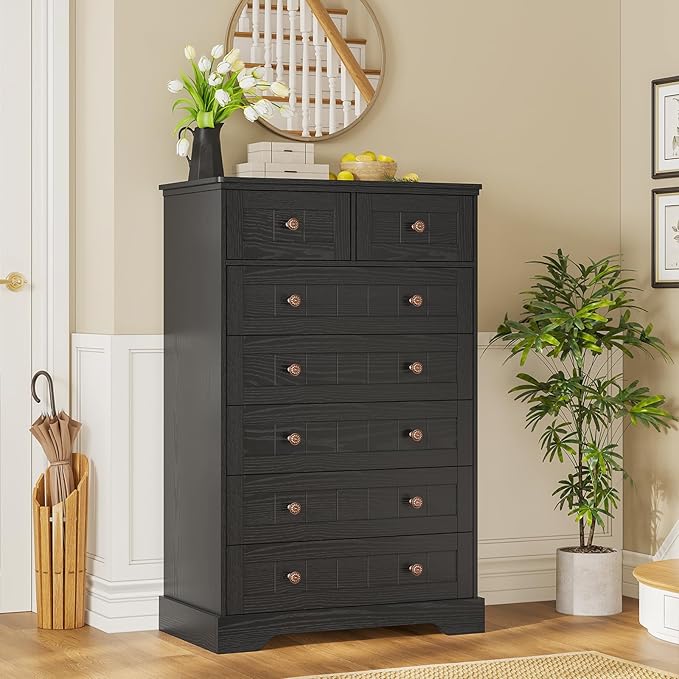 Hasuit Black Dresser for Bedroom, Farmhouse 7 Drawers Dresser, 51.4"Tall Dressers Chest of Drawers with Hand Carved Panel, Large Wood Closet Storage Organizers Dressers for Bedroom Living Room Hallway
