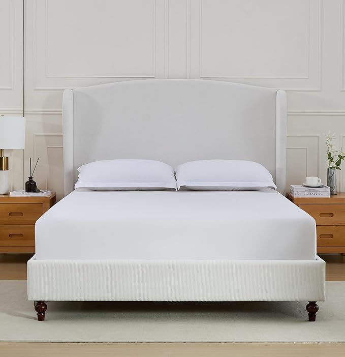 King Size Upholstered Platform Bed with 54" Camelback Headboard, Chenille Fabric, Metal & Wood Support, No Box Spring Needed (Cream White Chenille Curved, King)