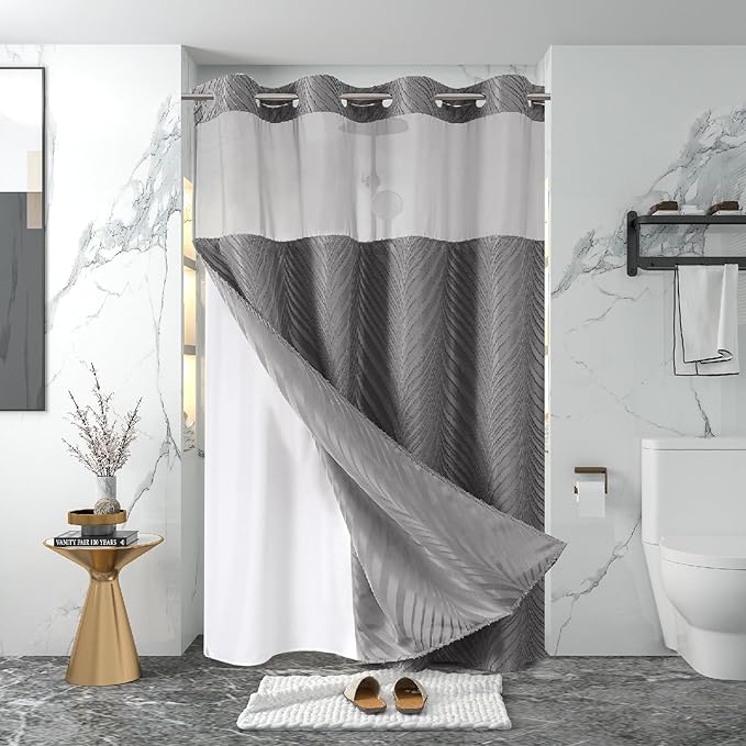 stall no Hook Tufted Shower Curtain with snap in Liner Set, White Waterproof Fabric Inner Liner,Boho Style Shower Curtain with See Through top Window, WarmGrey, 54Wx80H