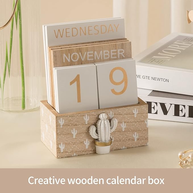 Block Calendar for Desk, Wood Desk Perpetual Calendar, Gift Daily Desktop Vintage Wooden Blocks for Home Farmhouse Office Aesthetic Decor Rustic Decoration Brown Pineapple