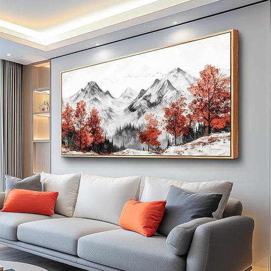 PHAOHUAXM Large Canvas Wall Decor For Living Room Wall Art For Bedroom Office Murals Red Tree Ink-Wash Mountain Landscape Wall Pictures Restaurant Room Modern Home Decoration Wood Framed 24"X48"