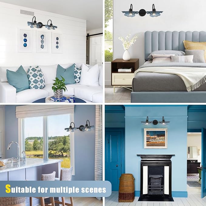 Bathroom Lights fixtures Matte Black Wall Sconce 2 Light Vanity Light Bathroom Wall Sconce Light Vintage Wall lamp Blue Glass Art Deco Vanity Lights Over Mirror for Bedroom Hallway Living Room