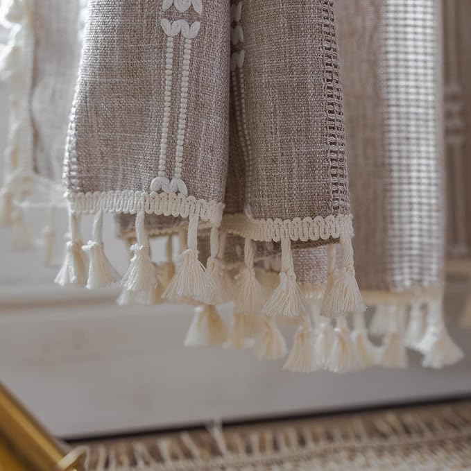 Linen Curtains 84 Inches Long - Embroidery Striped Farmhouse for Living Room, Tassel Boho for Bedroom, Light Filtering 2 Panels Set Rod Pocket Drapes (52" W x 84" L, Khaki)