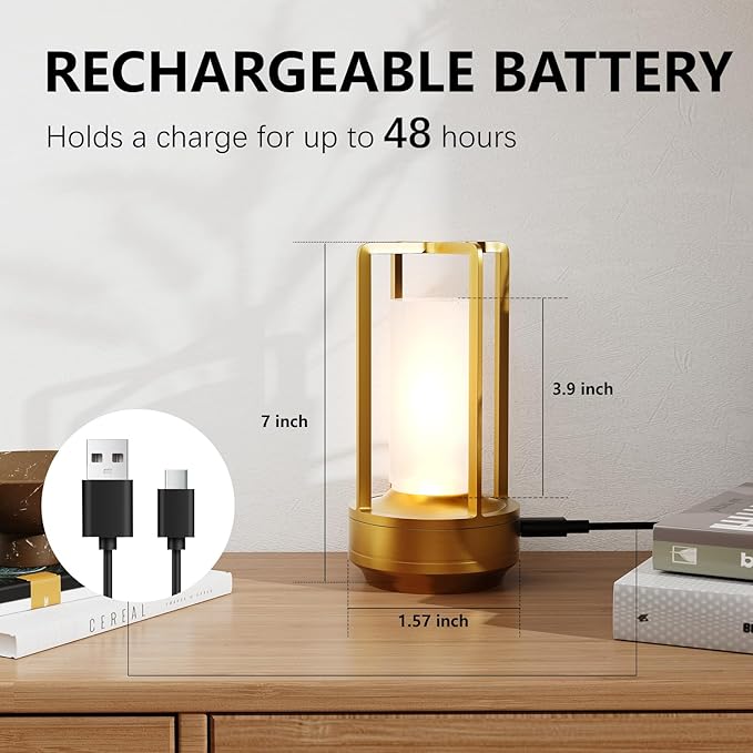 Table Lamp, Portable Cordless Rechargeable LED, 3-Colour Dimming, Gold, Ideal for Bedroom, Outdoor, Restaurants, Bars, Coffee Shops, Camping