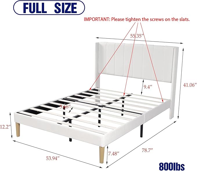 Upholstered Platform Full Size Bed Frame with Headboard Wooden Slats Support No Noise Easy Assembly White Linen