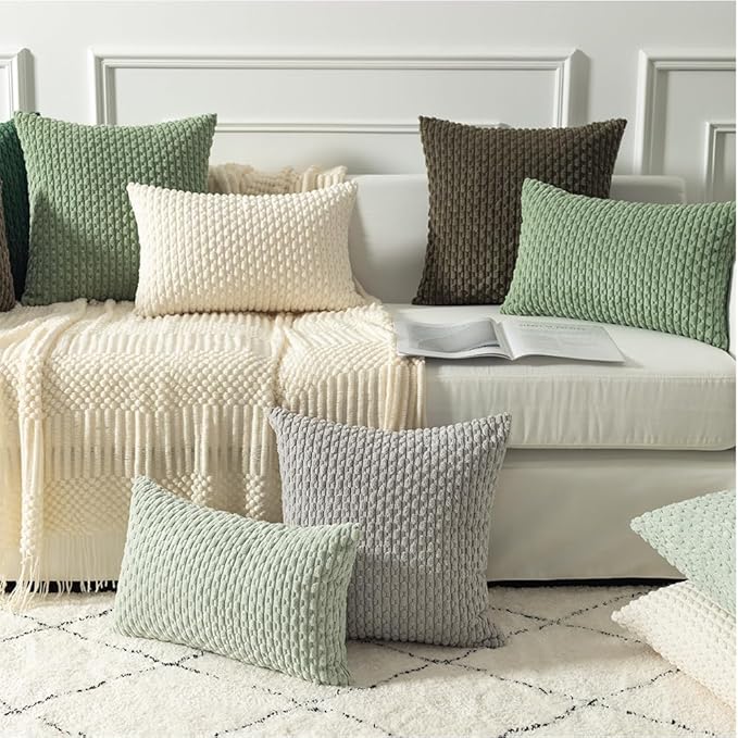 Kevin Textile Pack of 2 Corduroy Decorative Throw Pillow Covers 12x20 Inch Spring Soft Boho Striped Pillow Covers Modern Farmhouse Home Decor for Spring Sofa Living Room Couch Bed Light Green