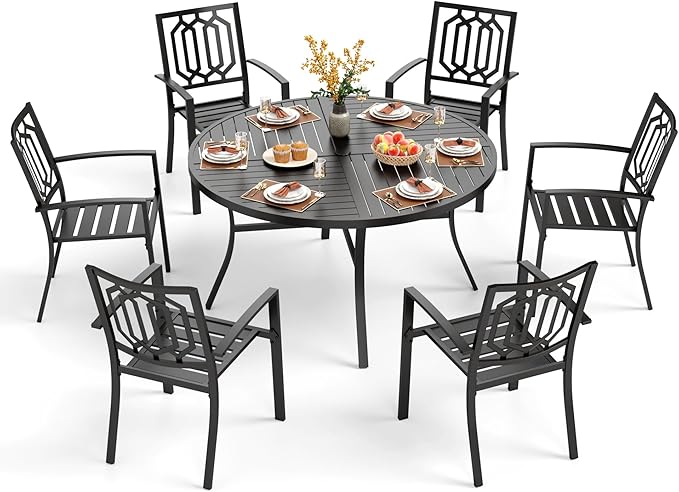 PHI VILLA 7 Pieces Outdoor Round Dining Set for 6, Wrought Iron Dining Circular Table with Umbrella Hole & Stackable Metal Steel Chairs, Large Dining Furniture Set for Patio, Deck, Yard, Porch