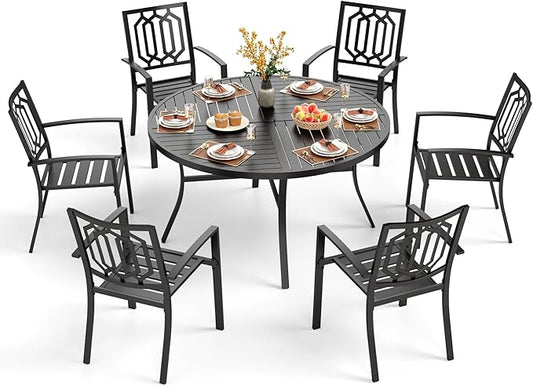 PHI VILLA 7 Pieces Outdoor Round Dining Set for 6, Wrought Iron Dining Circular Table with Umbrella Hole & Stackable Metal Steel Chairs, Large Dining Furniture Set for Patio, Deck, Yard, Porch