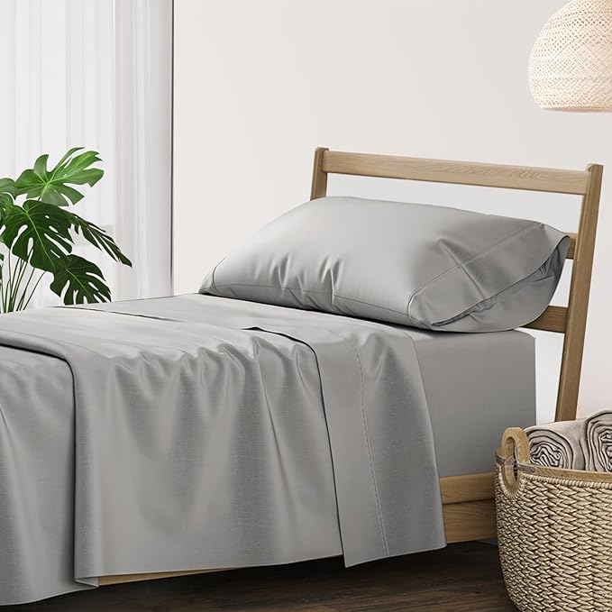 XOOX Linen 100% Cotton Twin Sheets Set - 500 Thread Count Cotton Sheets Twin Size, Extra Soft, Sateen Weave, Cooling Deep Pocket Bed Sheet for Dorm Room, Luxury Hotel Quality Bedding (3 PC, Dark Grey)