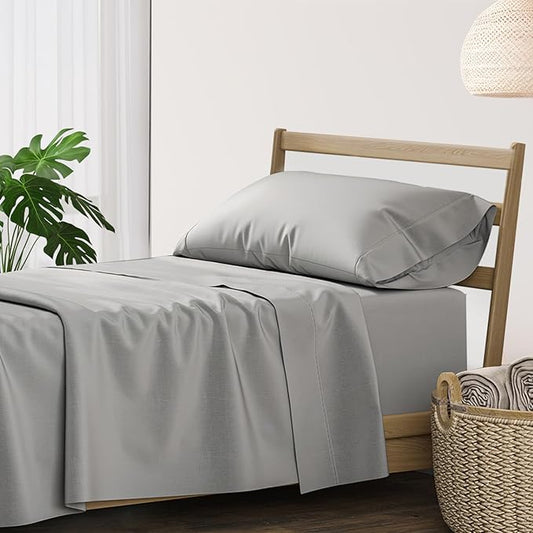 XOOX Linen 100% Cotton Twin Sheets Set - 500 Thread Count Cotton Sheets Twin Size, Extra Soft, Sateen Weave, Cooling Deep Pocket Bed Sheet for Dorm Room, Luxury Hotel Quality Bedding (3 PC, Dark Grey)