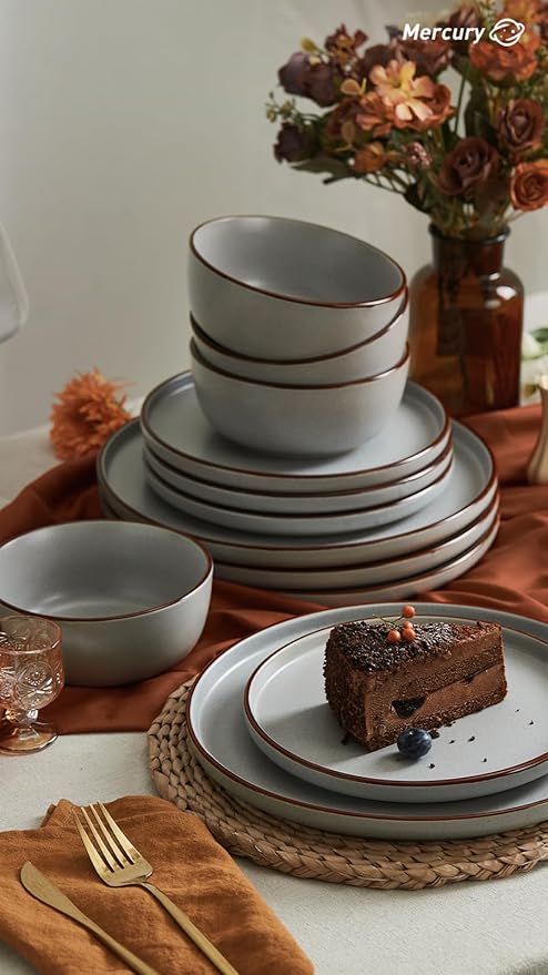 Famiware Mercury Plates and Bowls Sets, 18 Pieces Stoneware Dinnerware Sets, Dishes Set for 6, Microwave and Dishwasher Safe, Dark Grey