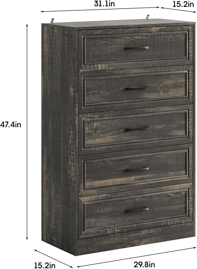 Fameill Dresser for Bedroom, 5 Drawer Tall Dresser Organizer, TV Stand for Livingroom, Chest of Drawers with Metal Handles, Dark Brown